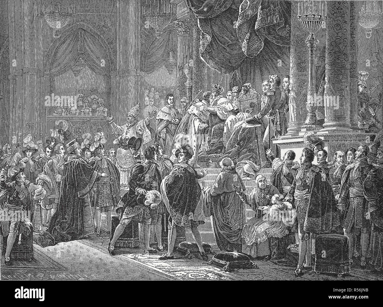 Das Getriebe und die Legitimation der politischen Macht zu Charles X in Reims am 29. Mai 1825, Holzschnitt, Frankreich Stockfoto