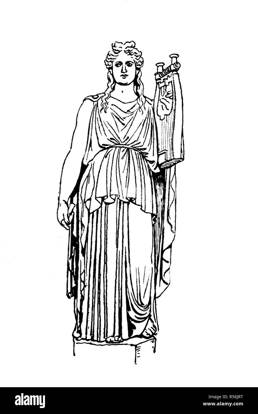 Mode, Kleidung in Griechenland, Blütezeit vom 5. bis 4. vorchristlichen Jahrhundert, Apollo als citharoede und Chorus Führer der Musen in Stockfoto