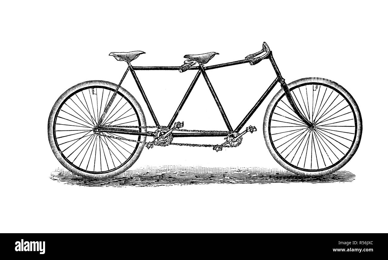 Velocipede, Fahrrad, aus dem 19. Jahrhundert und früher, Tandem, 1880, Holzschnitt, Deutschland Stockfoto
