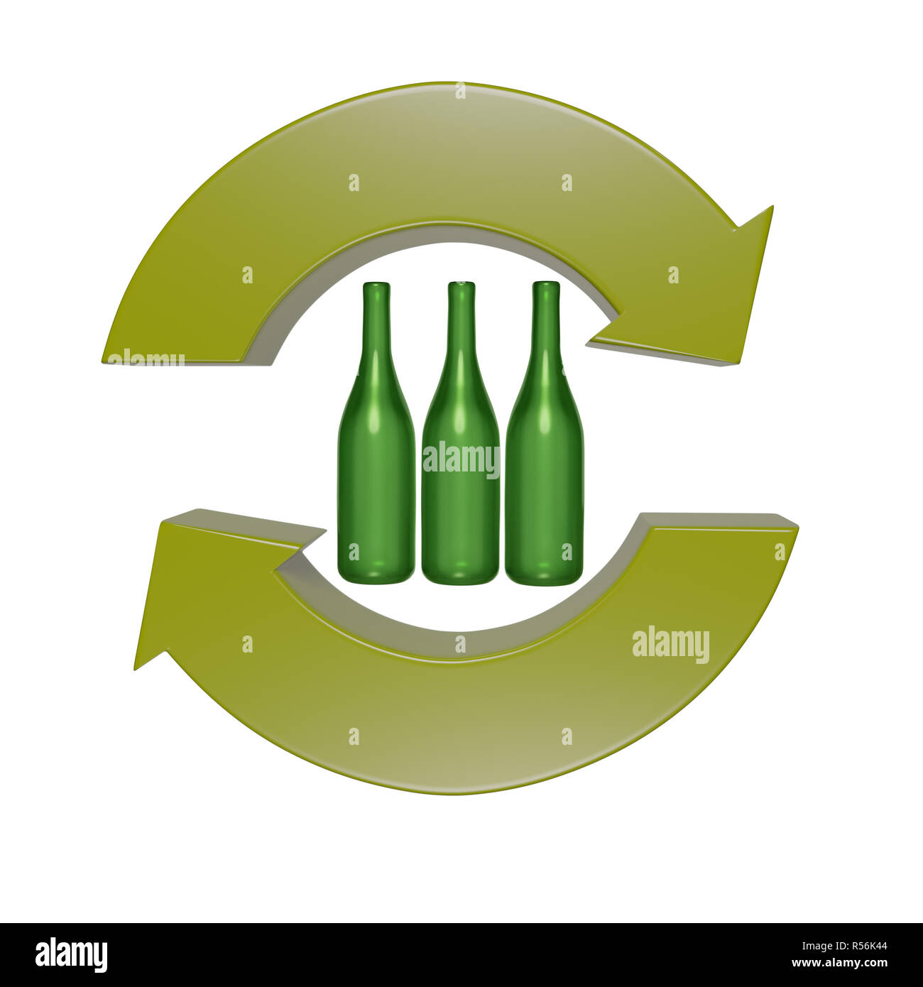 3D-Render von Grünen zwei Recycling-pfeilzeichen mit drei grünen Glasflaschen im Inneren auf weißem Hintergrund Stockfoto