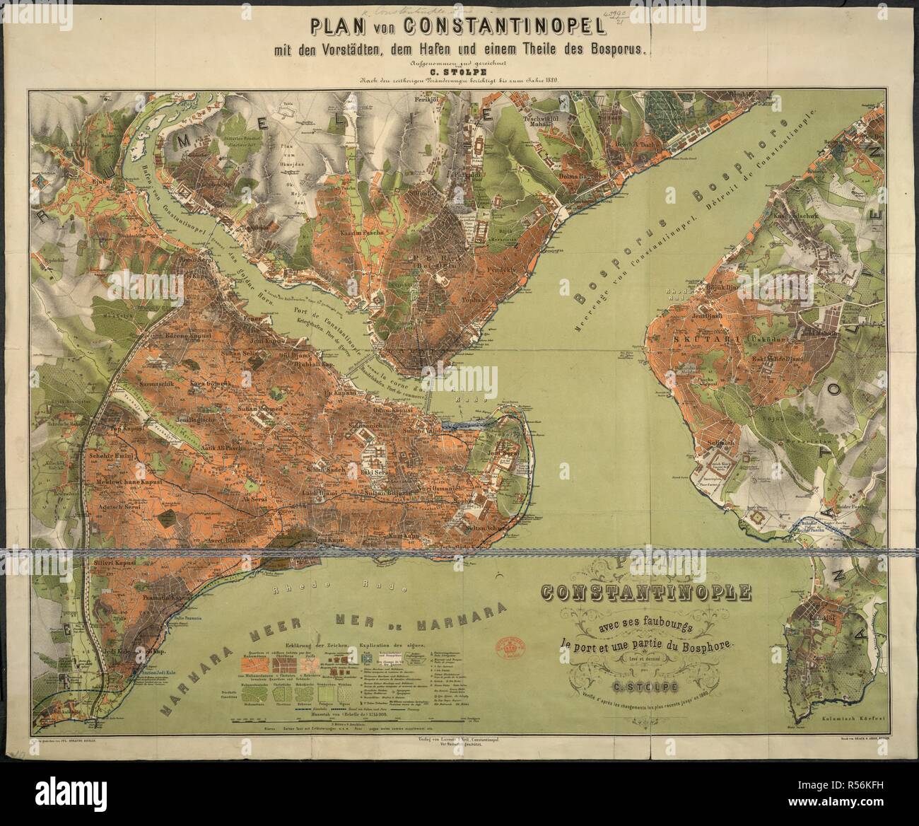 Konstantinopel. [Plan von Constantinopel mit den VorstÃ¤dten, dm H. in Konstantinopel, 1880. Plan von Konstantinopel. Bild von [Plan von Constantinopel mit den VorstÃ¤dten getroffen, dem Hafen und einem Theile des Bosporus. Aufgenommen und nach den zeitherigen berichtigt VerÃ¤nderungen bis zum Jahre 1866, von C.Stolpe. Plan de Konstantinopel avec ses Faubourgs, le Port et une Partie de Bosphore usw. Maasstab von 1: 15.000].. Ursprünglich veröffentlicht in Konstantinopel, 1880 produziert. . Quelle: Maps.43990. (21). Sprache: Deutsch. Stockfoto