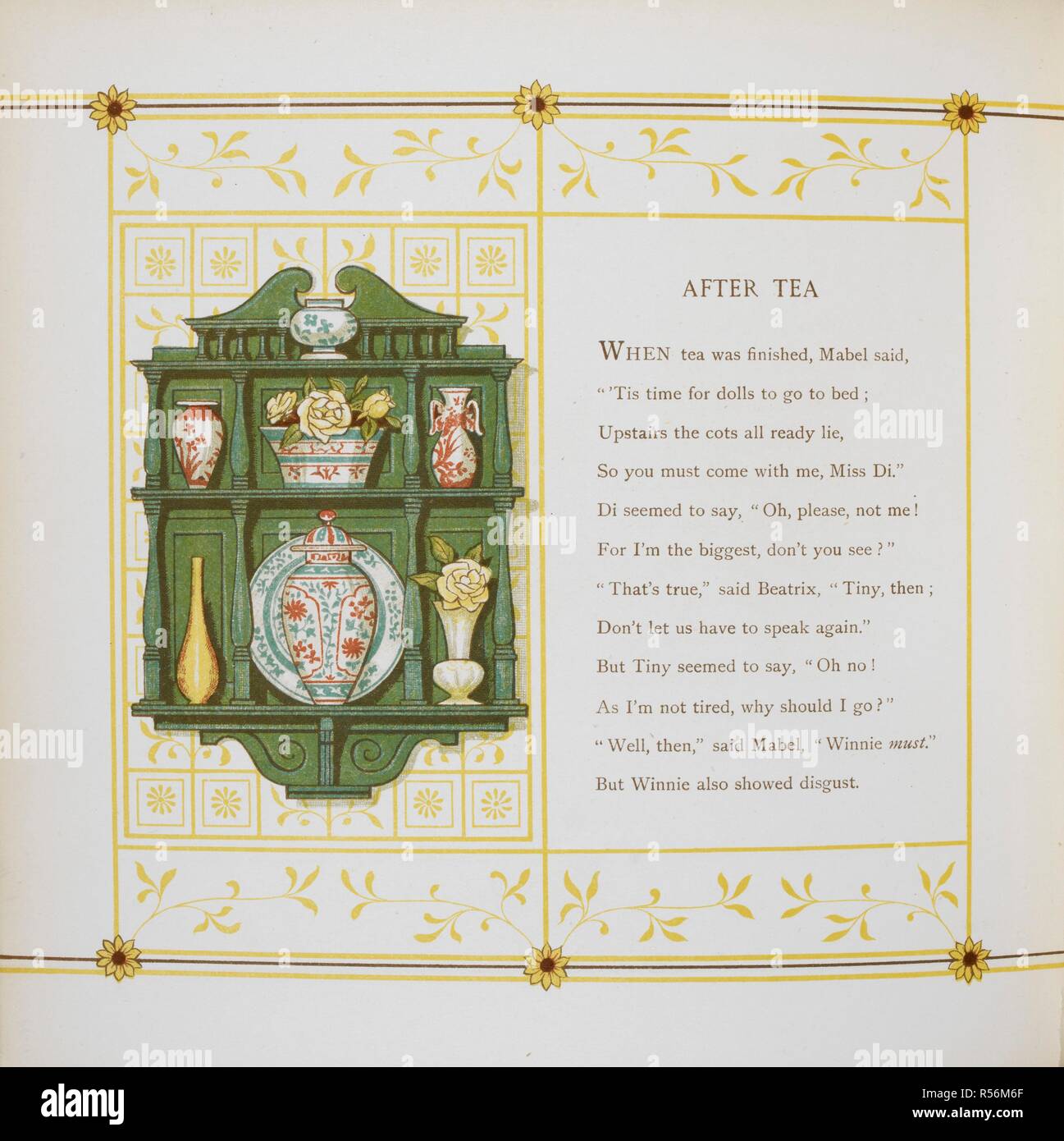 Ein Gedicht mit dem Titel "Nach dem Tee". Auf der linken Seite, eine  Sammlung von verschiedenen Vasen. Wieder Zuhause. Verse. [Illustriert] J.  G. Sowerby und T. Kran. London: Marcus Ward & Co., [