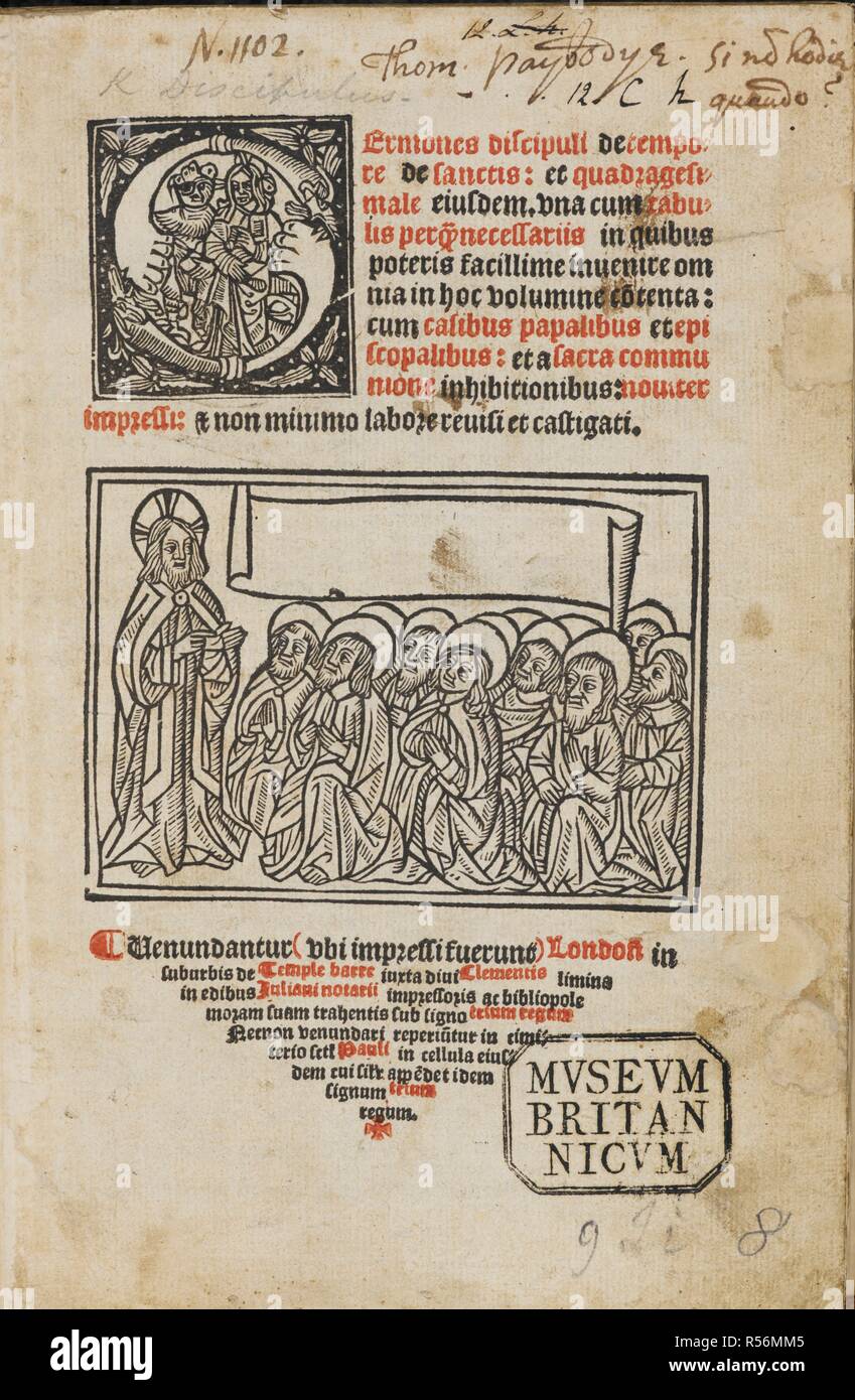 Titel Seite mit Informationen über Verkaufspunkte und Julian Notar- räumlichkeiten und unterzeichnen. [Beginnen. [Fol. 1 Verso:] Tabula sermonuÌ "discipuli De Sanctis. Ende. [Fol. 181 verso:] Endlichen opus ï" utile simplicibus curaÌ" animaï € OE gerentibus. Ï" venerabileï € Ž ï € deuotuÌ" IohaÌ" nem herolt... de Tï" e ï € de sanctis cuÌ" promptuario exemploï atï € € OE oe tabulis collectum nuncupatuÌ Discipulus" usw. G.L. I.T.]. London: In Edibus Juliani NotariiÌˆ, 1510. Quelle: C.37.e.5, Titelseite. Stockfoto