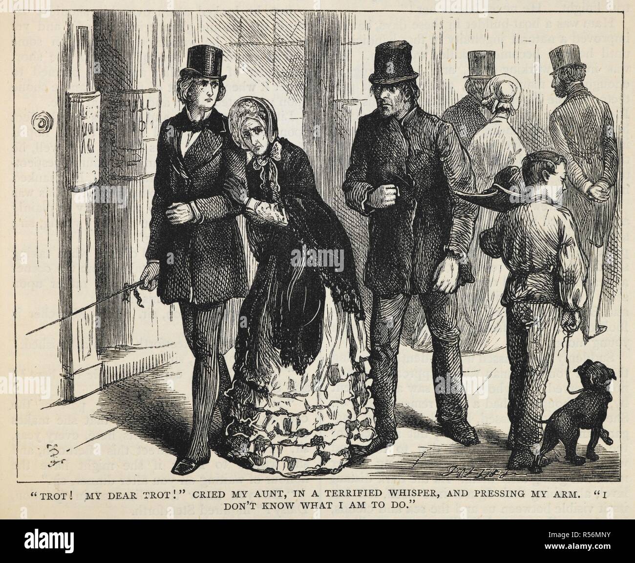 "Trab! Mein lieber Trab!", rief meine Tante, in ein Verängstigter flüstern, und auf meinen Arm. "Ich weiß nicht, was ich zu tun habe". David Copperfield und seiner Tante, Miss Betsy Trotwood. . Die Werke von Charles Dickens Haushalt Edition [mit Bildern] pt 1-101 Juli 1871 - Jan 1880. Chapman & Hall, London, 1871-80. Quelle: C.194. b. 116 Teil 12 auf Seite 161. Sprache: Englisch. Stockfoto