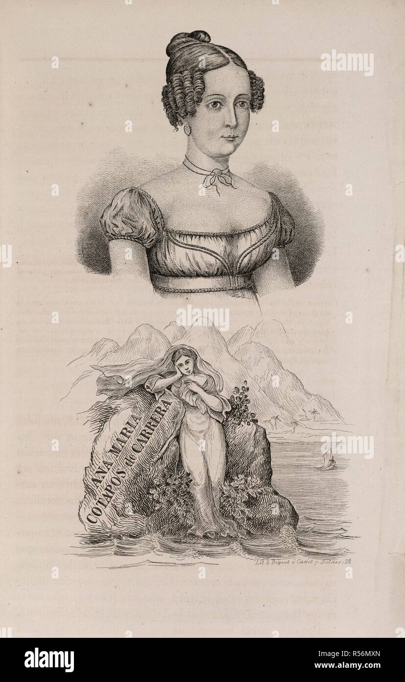 Ana Maria Cotapos de Carrera. El Ostracismo de los Carreras, los Jenerales J. M. Santiago, 1857. Ana Maria Cotapos de Carrera. Porträt. Bild von El Ostracismo de los Carreras, los Jenerales J. M., ich J.J., ich el Colonel L. Carrera. Episodio de la Independencia de Sud-America. Ursprünglich veröffentlicht in Santiago, 1857 produziert. . Quelle:9781. d.3, 172. Stockfoto