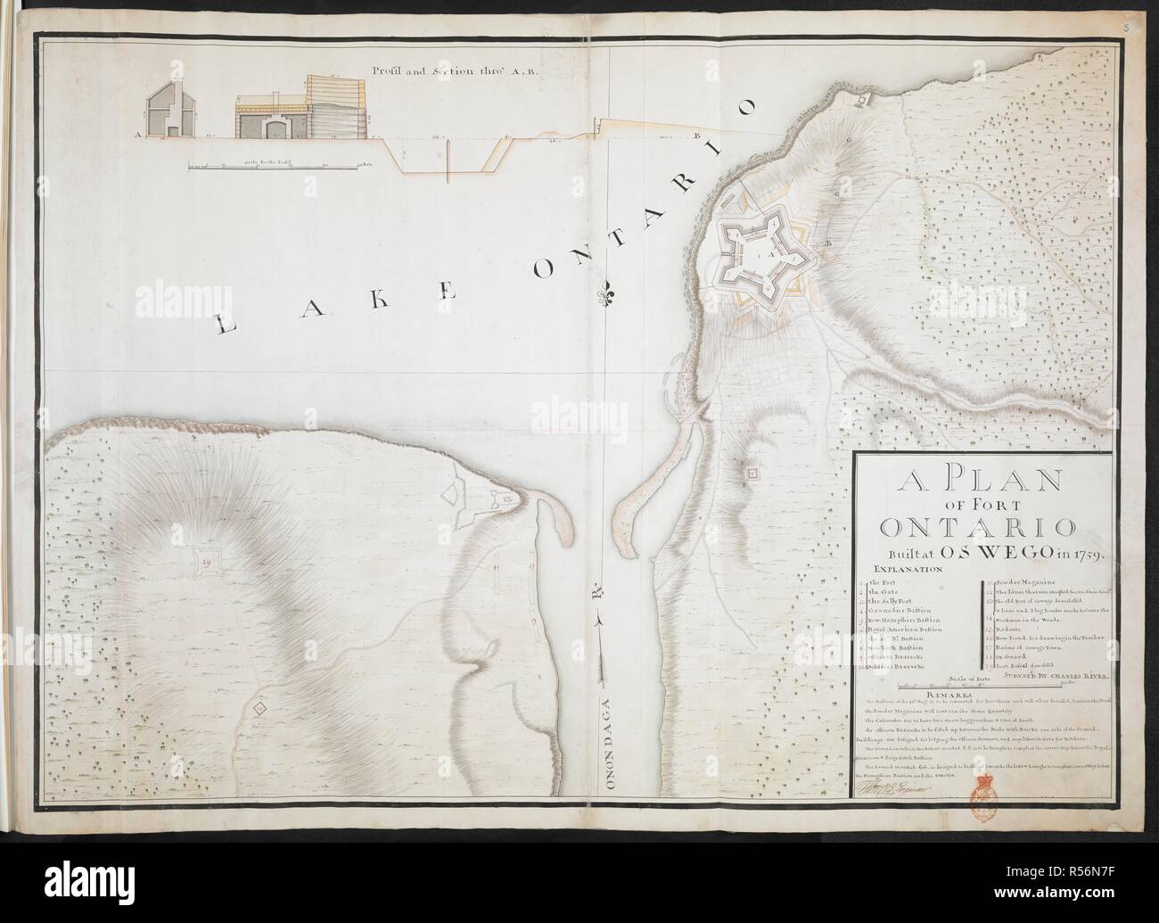 Ein Plan von Fort Ontario gebaut am Oswego in 1759.". "Ein Plan von Fort Ontario gebaut am Oswego in 1759. . Umfrage "Charles Rivez", signiert" Thomas Sowers, Ingenieur". Umfrage "Charles Rivez", signiert" Thomas Sowers, Ingenieur". 1759. 1: 2400. Maßstabsbalken von 1000 Fuß (= 5 Zoll). Inset, Profil der Fort: 1:120; Skala von '50 feets" (= 5 Zoll). 590 x 830 mm. Quelle: Hinzufügen. Nr. 57708.5 Amherst C 41. R.U.S.I. Nr. Ein 30.54. Stockfoto