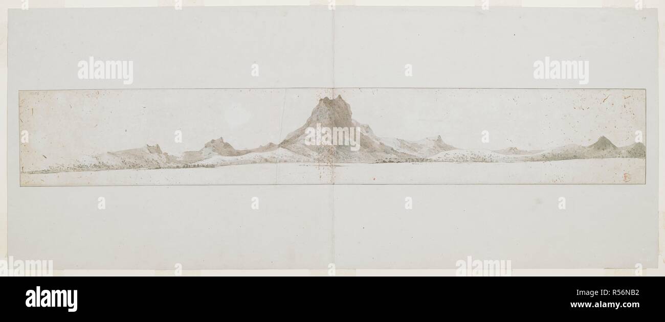 Landschaft Zeichnung von J. Webber, während die dritte Reise von Captain Cook, 1776-1780. . 90 Zeichnungen, einige in Tusche, einige farbige, von J. Webber während der dritten Reise von Captain Cook, 1776-1780 ausgeführt. 1776-1780. Quelle: Hinzufügen. 15514, Nr. 59. Stockfoto