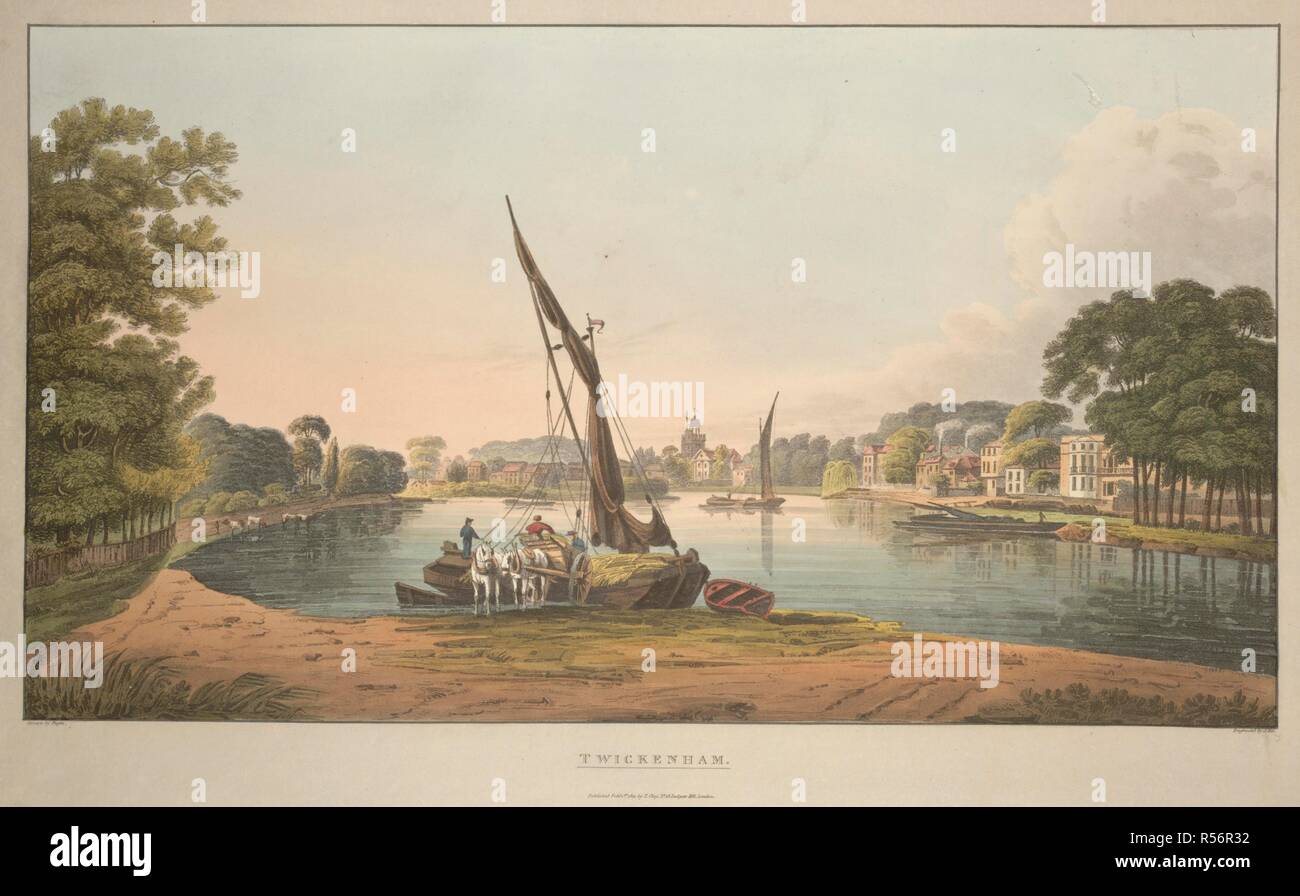 Zahlen Beladung vom Boot aus auf einer Karre geführt von Pferden; ein Fluss in der Mitte der Szene; die Häuser auf dem rechten Ufer und in der Ferne; Bäume auf beiden Seiten. TWICKENHAM. [London]: Veröffentlichte Feby 1 1811 von T.Ton Nr. 18 Ludgate Hill London., [1 Februar 1811]. Aquatinta und Ätzen mit hand-Färbung. Quelle: Karten K. Top. 30.19. w. Sprache: Englisch. Autor: Pugin, A. Stockfoto