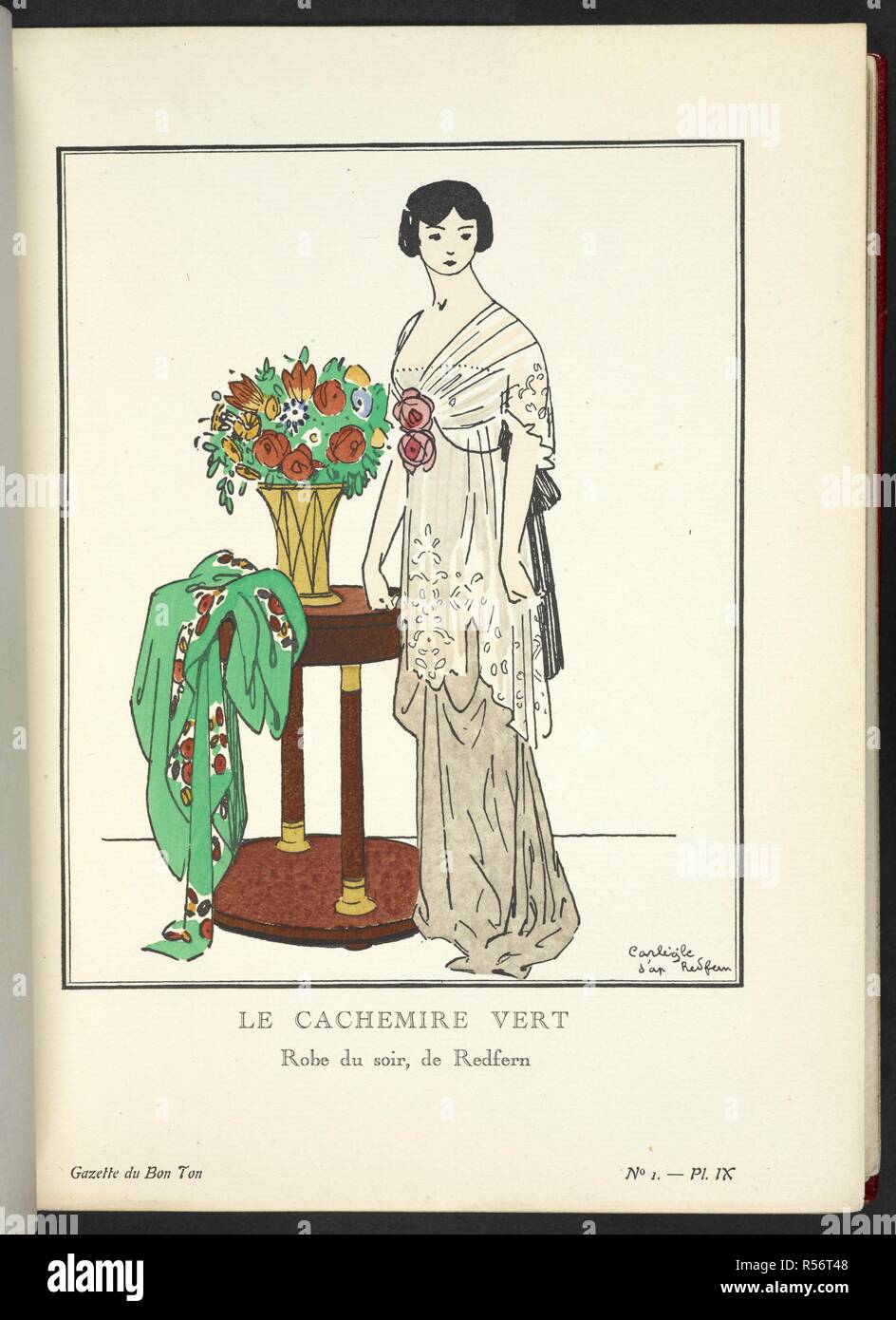 'Le Cachemire Vert-Robe Du Soir, de Redfern." Illustration Design von John Redfern. Gazette du Bon Ton. Kunst, Modi und frivoliteÌs. Lucien Vogel, Directeur. [Mit farbigen Platten.]. Paris, London, 1912, etc. Quelle: S. S. 5242. dd, Vol. 1, Nr. 1. Autor: CarlÃ ¨ gle, Charles Emile. Stockfoto