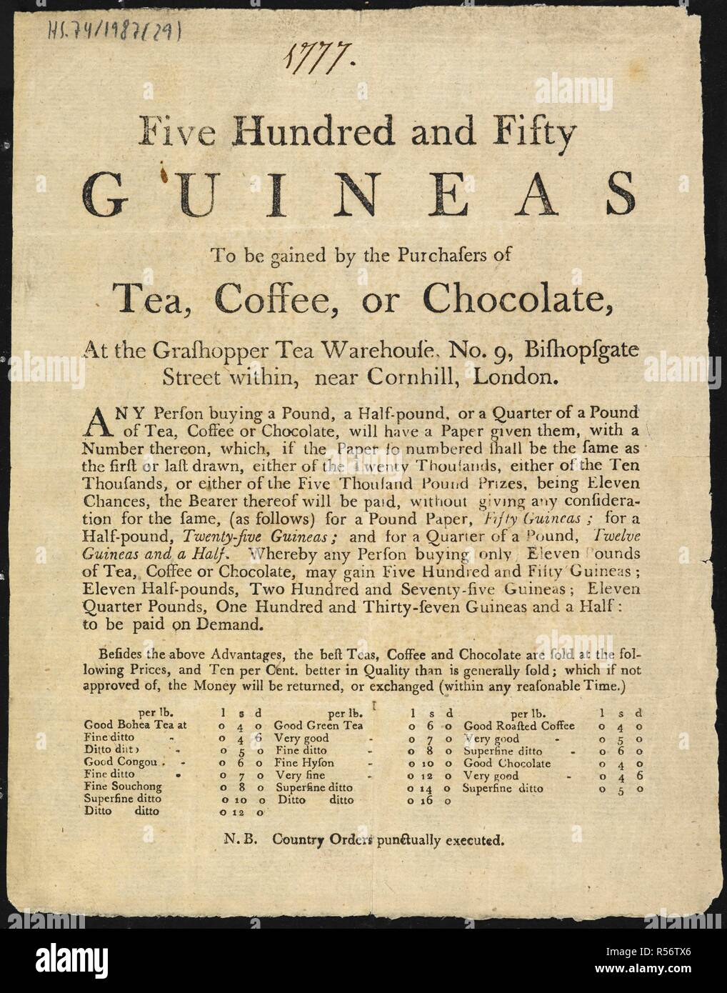 Der Verkauf von Tee, Kaffee und Schokolade. Fünf hundert und fünfzig Guineen, die von den Käufern von Tee, Kaffee oder Schokolade gewonnen werden, am Grashopper Kaffee Lagerhaus, Nr. 9, Bishopsgate Street, in der Nähe von Cornhill, London. [London: n. n., 1777]. Quelle: HS. 74/1987 (29). Sprache: Englisch. Stockfoto