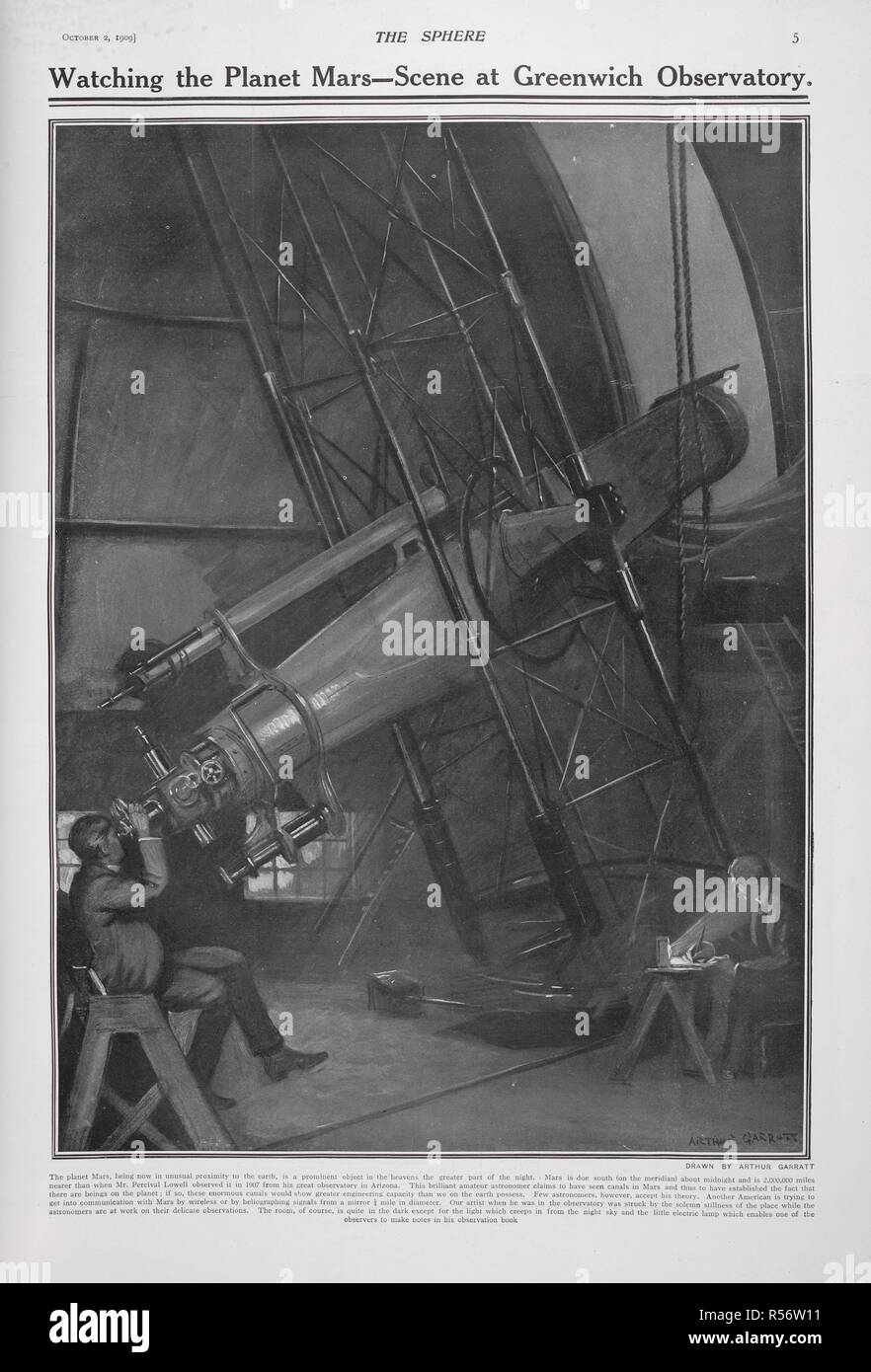 "Der Planet Mars-Szene in Greenwich Observatory' beobachten. . Kugel: Eine illustrierte Zeitung für zu Hause. London, 1909. Quelle: Kugel, 2. Oktober 1909, Seite 5. Autor: ARTHUR GARRATT. Stockfoto