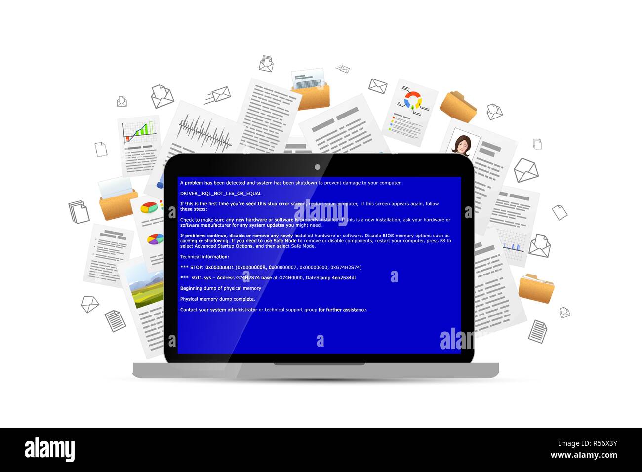 Geöffnet Laptop mit kritischen BSOD Fehlermeldung und viele Office Dokumente weg fliegen auf Hintergrund, Konzept Abbildung isoliert auf weißem Stock Vektor