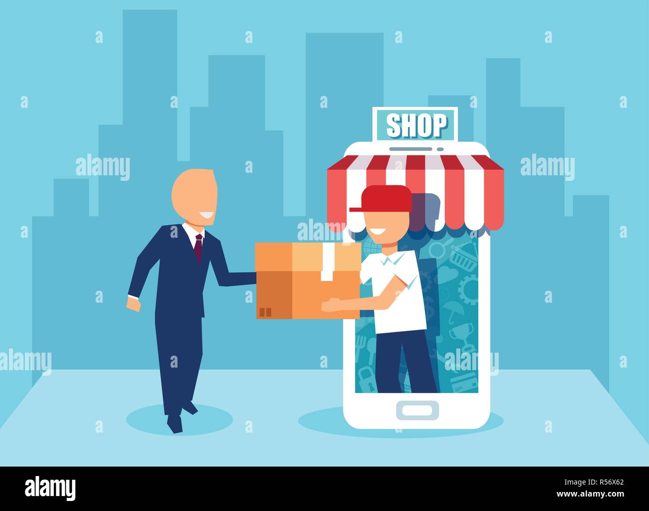 Kreative Vector Graphic Design der Geschäftsmann empfangen online bestellen mit Shop in Telefon Stock Vektor