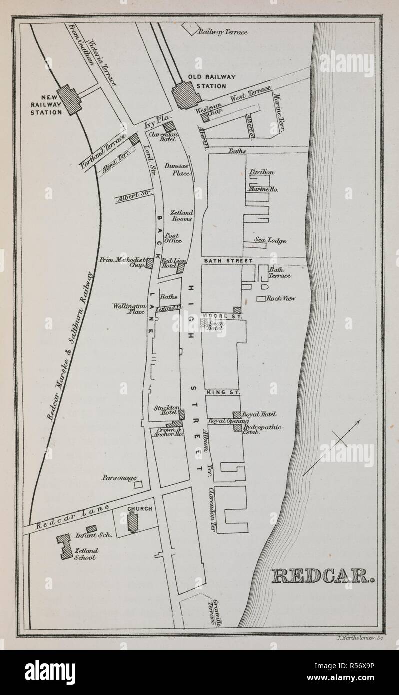 Eine Karte von Redcar. Die Einbeziehung von Redcar in der schwarzen Führung an die Grafschaft York' ist rätselhaft wie die Karte zeigt wenig mehr als einer einzigen Straße. Der schwarze Führer an die Grafschaft York... Zwölften Ausgabe. Edinburgh, 1884. Quelle: 10347.bb.37, gegenüberliegenden Seite 280. Sprache: Englisch. Stockfoto