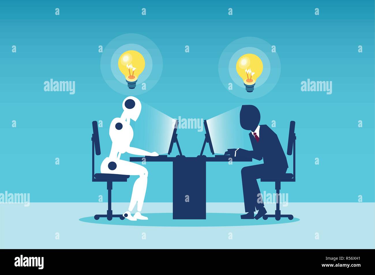 Vektor eines Mann bei der Arbeit mit einem Roboter am Tisch sitzen. Symbol für die künftige Zusammenarbeit und Technologie Stock Vektor