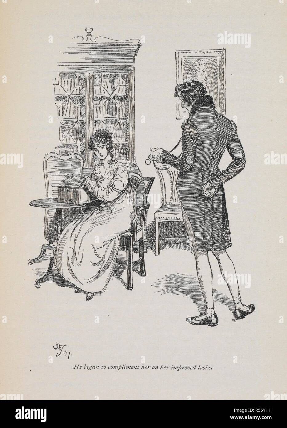 "Er fing an zu beglückwünschen, die Sie auf Ihr verbesserte sieht". Northanger Abbey und Überzeugungsarbeit mit Illustrationen von Hugh Thomson und einer Einleitung von Austin Dobson. London: Macmillan & Co., 1897. Quelle: 012624.ee.28 gegenüber 344. Stockfoto
