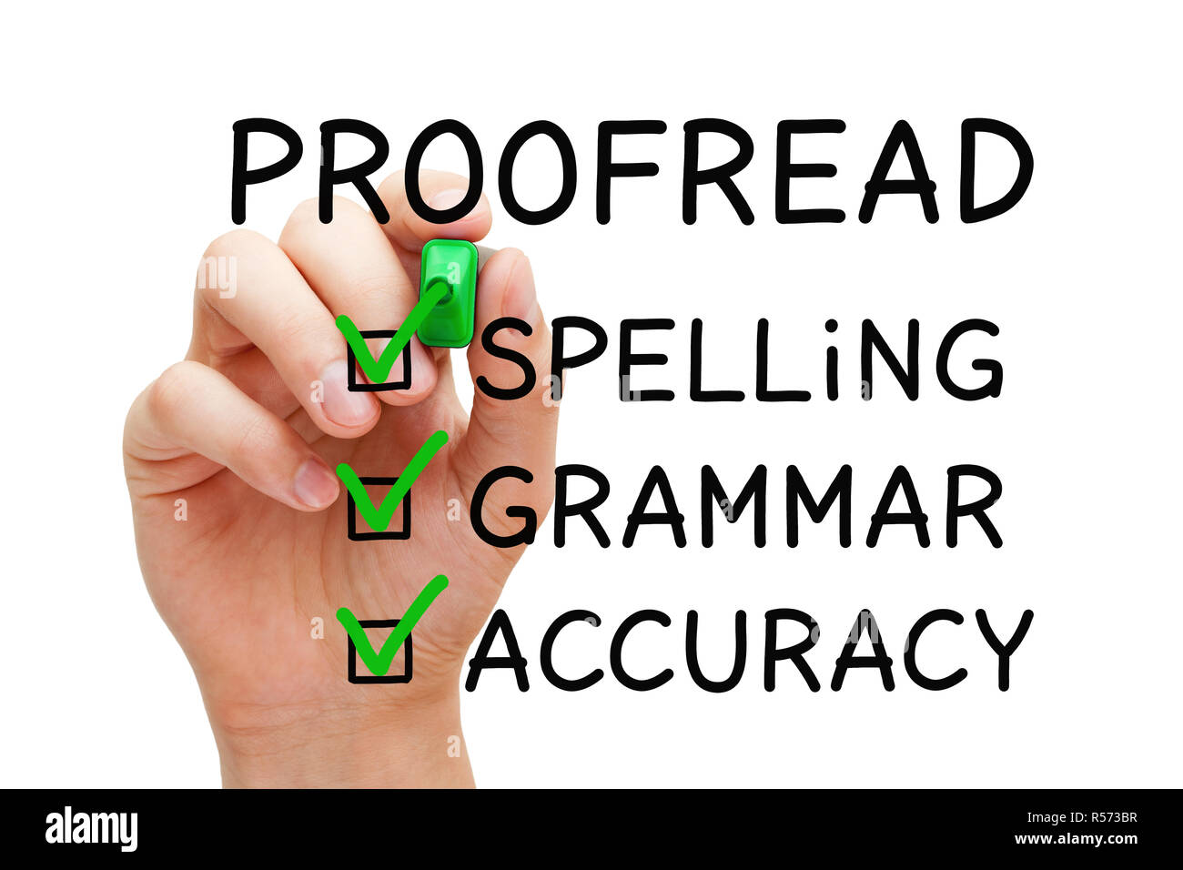 Hand ausfüllen lesen Checkliste Konzept mit aktivierten Kontrollkästchen auf Rechtschreibung, Grammatik und Genauigkeit. Stockfoto