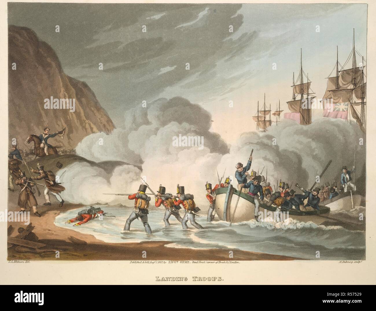 Landung Truppen, in der Nähe von aboukir. Historischen, militärischen und Naval Anekdoten... par E. Orme: London, 1819. Britische Soldaten und Marine crew Landung auf einer stark verteidigt Strand, in der Nähe von Aboukir im Jahre 1801. Die Landung war unter der Leitung von Kapitän Cochrane des Schiffes, Ajax. Diese Aktion ist aufgetreten während der Napoleonischen Kriege. Bild aus historischen, militärischen und Naval Anekdoten von Incidents, die an den Armeen von Großbritannien und ihre Verbündeten in den letzten... Krieg usw. Ursprünglich veröffentlichte/in E. Orme: London, 1819 produziert aufgetreten. Quelle: 9080. m. 3, gegenüber 83. Sprache: Englisch. Thema: Stockfoto