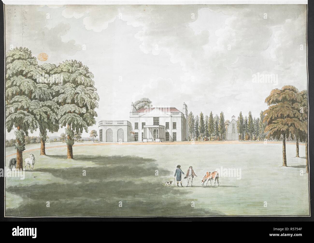 Schloss Bear House, Ealing. Ein großes Haus weiß lackiert in Parklandschaft; Bäume auf der linken Seite und in der Ferne; Pferde grasen; zwei Figuren, ein Pferd und einen Hund in der Mitte. Der eingeschriebenen mith Esq Middlesex Ealing' in Bleistift auf der Rückseite. Eingeschrieben' Schloss Bär' und 'Smith Esq" in Bleistift in der oberen linken Ecke. Trägt eine J Whatman Wasserzeichen. Eine farbige Blick auf Schloss, in der Nähe von Ealing. um 1797. 1 Zeichnung: Stift und Tinte schwarz mit Aquarell; Blatt 45 x 64 cm. Quelle: Karten K. Top. 30.26. Ein. Stockfoto