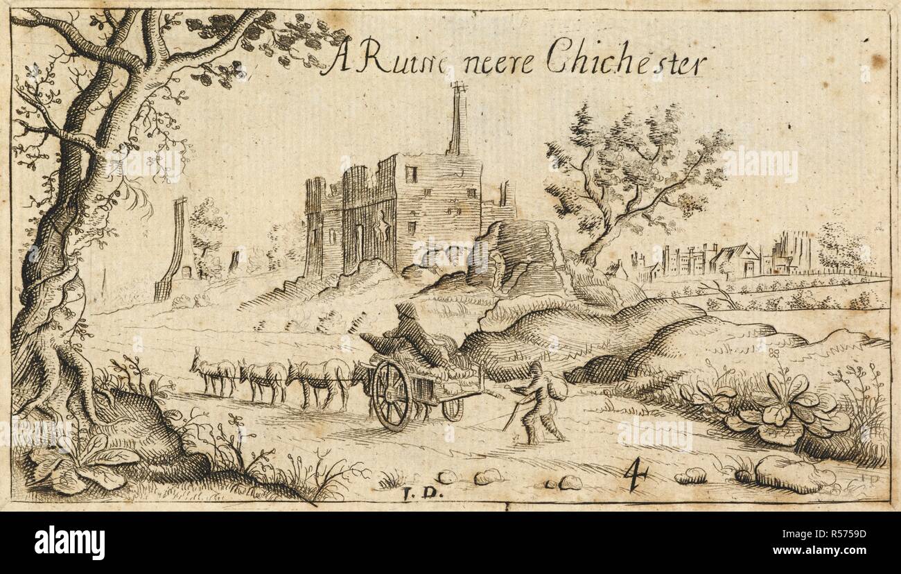 Figuren mit Pferden und einem Warenkorb auf ein Land weg; ein großer Baum auf der linken Seite; die Ruinen eines großen Gebäudes in der Mitte; eine Kirche oder Kathedrale Turm auf der linken Seite in der Ferne. Eine Ruine neere Chichester. c. 1660. Radierung. Quelle: Karten K. Top. 42.19. a.4. Sprache: Englisch. Autor: Dunstall, John. Stockfoto