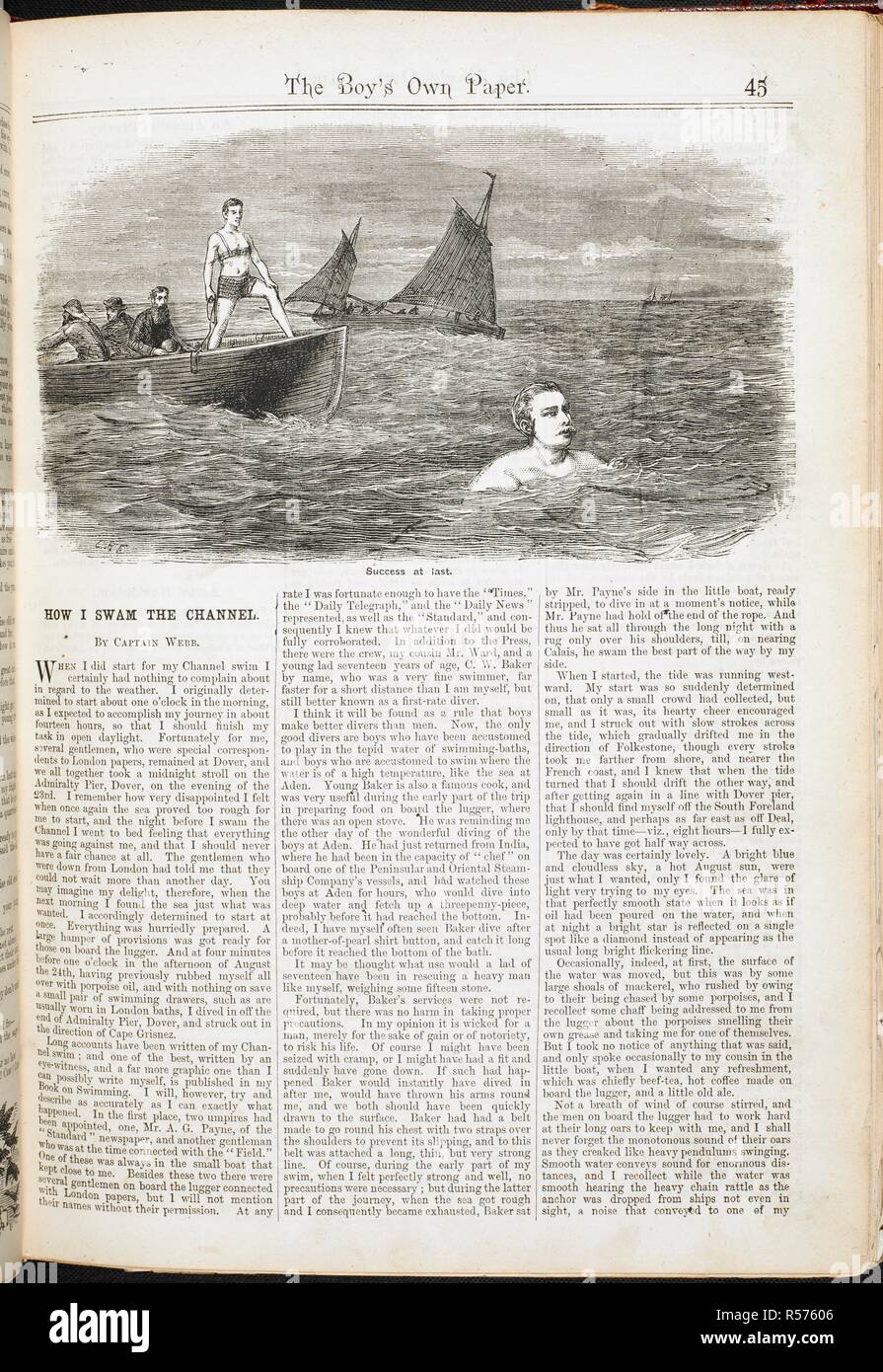 Wie ich den Kanal geschwommen." vom Kapitän Webb. Kapitän Matthew Webb (19. Januar 1848 â € "24. Juli 1883), war die erste Person, die den Ärmelkanal ohne künstliche Hilfsmittel für Sport Zweck zu schwimmen. Am 25. August 1875, Webb Schwamm von Dover nach Calais in weniger als 22 Stunden. Eigenen Papier des Jungen. London: Freizeit Stunde Office, 1879-1967. (Dieser Punkt, Ende 19. Jahrhundert). Quelle: S. S. 5993. (1) Erste Ausgabe. auf Seite 45. Stockfoto