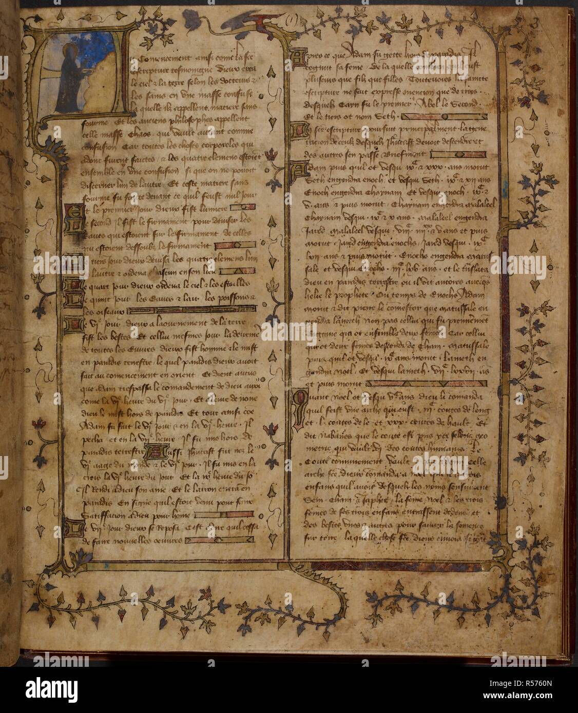 Historisierte Initiale 'A' mit einem Erstellungsdatum Szene kombiniert mit einer Bar Grenze mit Efeu Blätter und ein Drache am Anfang der Chronique de la Creation du Monde. Chronique de la crÃ©ation du Monde (bis 1327). Frankreich, Zentrale oder N.; im letzten Viertel des 14. Jahrhunderts oder 1. Quartal des 15. Jahrhunderts. Quelle: Harley 4878, f 3. Sprache: Französisch. Stockfoto