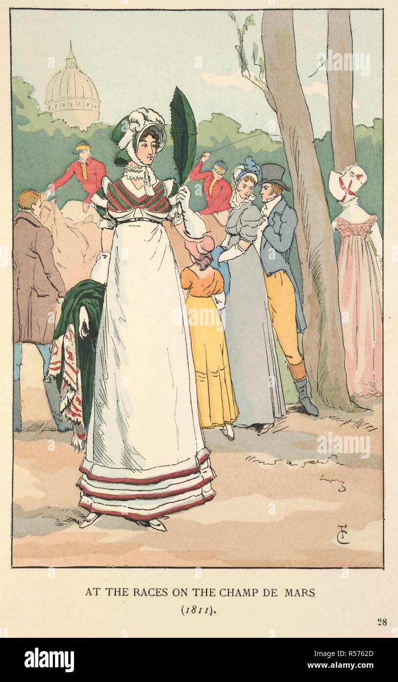 Champ de Mars. Mode in Paris: Die verschiedenen Phasen des weiblichen t. W. Heinemann: London, 1898. Bei den Rennen auf dem Champ de Mars (1811). Eine Frau in einer überwiegend weißen Kleid mit einem Roten und Grünen oben und Motorhaube. Zwei jockeys kann im Hintergrund gesehen werden. Bild von Mode in Paris getroffen: Die verschiedenen Phasen der weiblichen Geschmack und Ã¦ sthetics von 1797 bis 1897 Aus dem Französischen von Lady M. Loyd. Mit hundert Hand Tafeln und zwei hundert und fünfzig text Illustrationen von F. Courboin... Ursprünglich veröffentlichte/in W. Heinemann: London, 1898 produziert. . Quelle: 7746.de.8, Plate 28. Langu Stockfoto