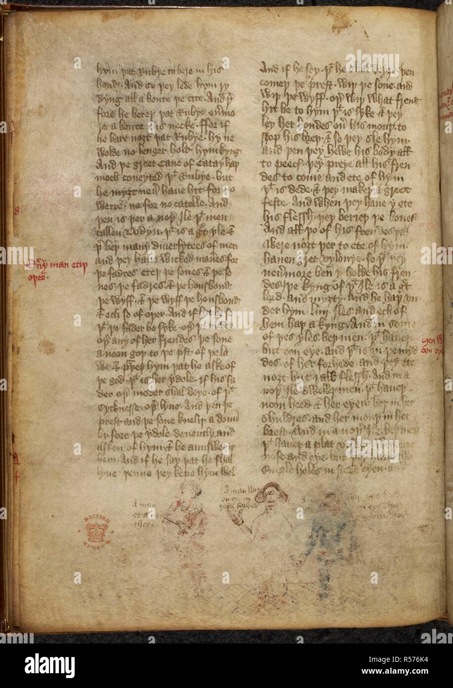 "Ein Mann wiÃ¾ auf Auge in Ã¾e forhed.' Ein ein gemusterte Mann. "Das Buch von Johannes Maundeuile", auf Deutsch: Eine gekürzte Text der fehlerhafte Version. Betteln. 15 Cent. "Jehan de Mandeville', wie 'Sir John mandeville", ist der Name, mit dem Compiler die Reisen des Sir John Mandeville, ein Buch über seine angeblichen reist, die vermutlich erste in anglo-normannische Französisch erschienen, und zuerst zwischen 1357 und 1371 in Umlauf behauptete übersetzt. Quelle: Royal 17 C 80 f 43 v. Sprache: Englisch. Stockfoto