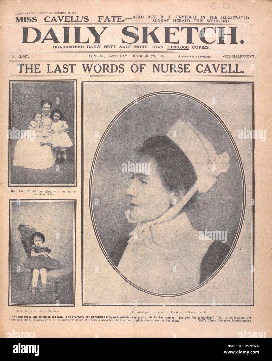 Die letzten Worte, die der Krankenschwester Cavell'. Portrait von Edith Cavell, ihre Mutter und Schwester. Edith Louisa Cavell (4. Dezember 1865 â € "12. Oktober 1915) war eine britische Krankenschwester und Patriot. Sie ist bekannt für die Rettung von Soldaten aus allen Seiten ohne Unterschied und der Unterstützung von rund 200 alliierte Soldaten die Flucht aus Deutschland - Belgien während des Zweiten Weltkriegs besetzten I, für die sie verhaftet wurde. Sie wurde in der Folge vom Gericht Kriegsgericht, des Hochverrats für schuldig befunden und zum Tode verurteilt. Trotz internationalen Drucks für Barmherzigkeit, sie wurde von einem Deutschen Erschießungskommando erschossen. Tägliche Skizze. London, 1915. Quelle: Sket Stockfoto