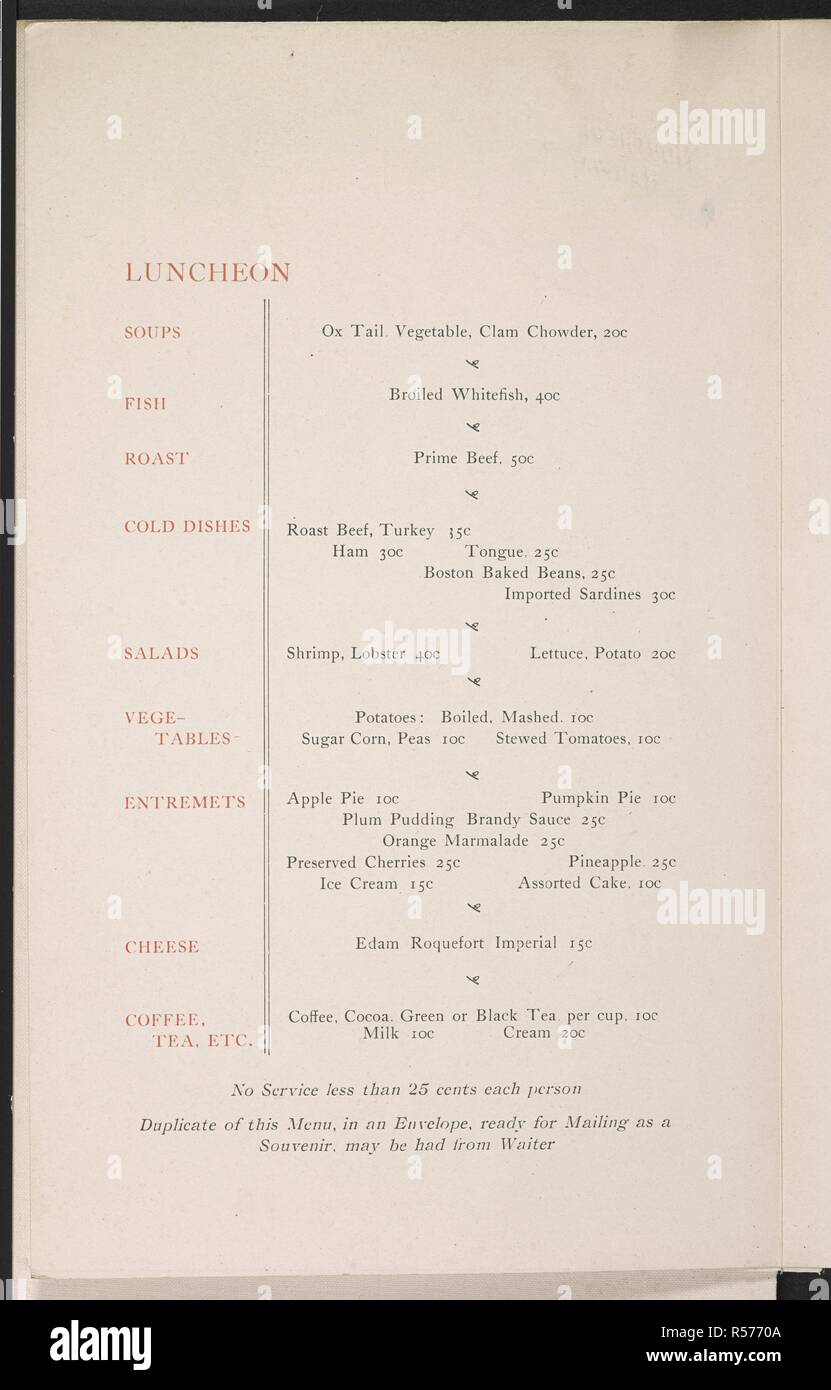 Mittagessen Menü für den Speisewagen Service der Great Northern Railway. [Eine Sammlung von Speisekarten der Abendessen und Berichte von Feierlichkeiten in den Vereinigten Staaten von Amerika in den Jahren 1890-1904, gebildet von Miss F.E. Buttolph. In drei Bänden gebunden.]. [1890-1904]. Siehe auch Dateien: N N 10002-60 und 10002-61. Quelle: C.120.f 2 Band 3 Nr. 37. Sprache: Englisch. Stockfoto