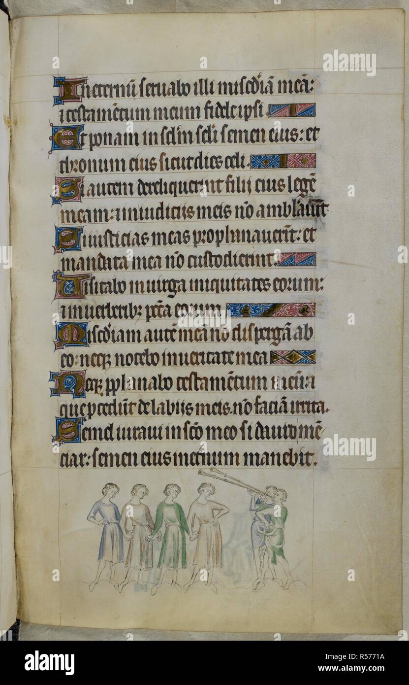 Bas-de-Seite Schauplatz von vier junge Männer, die in einer Reihe stehen mit ihren Händen zusammen, und zwei andere Blasen lange Trompeten. Psalter (die "Queen Mary Psalter"). England (London/Westminster oder East Anglia?); zwischen 1310 und 1320. Quelle: Royal 2 B VII, f 201. Sprache: Latein, mit französischen Bildunterschriften. Stockfoto