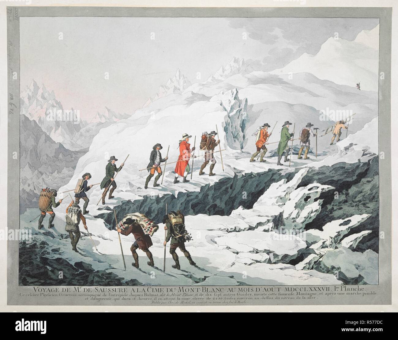 Horace BÃ©nÃ©dict.de Saussure und seine Führer traverse ein Gletscher mit Stöcken und Ausrüstung im Vordergrund, mit den Alpen im Hintergrund; innerhalb waschen Grenze. Horace - BÃ©nÃ©dict.de Saussure war ein Schweizer Aristokraten, Physiker und Alpine Traveller, der oft als der Gründer des Alpinismus. VOYAGE DE M.r DE SAUSSURE A LA CIME DU MONT-BLANC AU MOIS D'AOÃ'T MDCCLXXXVII: Ce Cà©lÃ¨bre Physicien Genevois, accompagnÃ© de l'intrÃ © pide Jacques Balmat, dit le Mont-Blanc, et de dix-sept autres Guides, Monte cette fameuse Montagne, et Après-ski une Marche penible et dangereuse, qui Dura 18 Heures Stockfoto