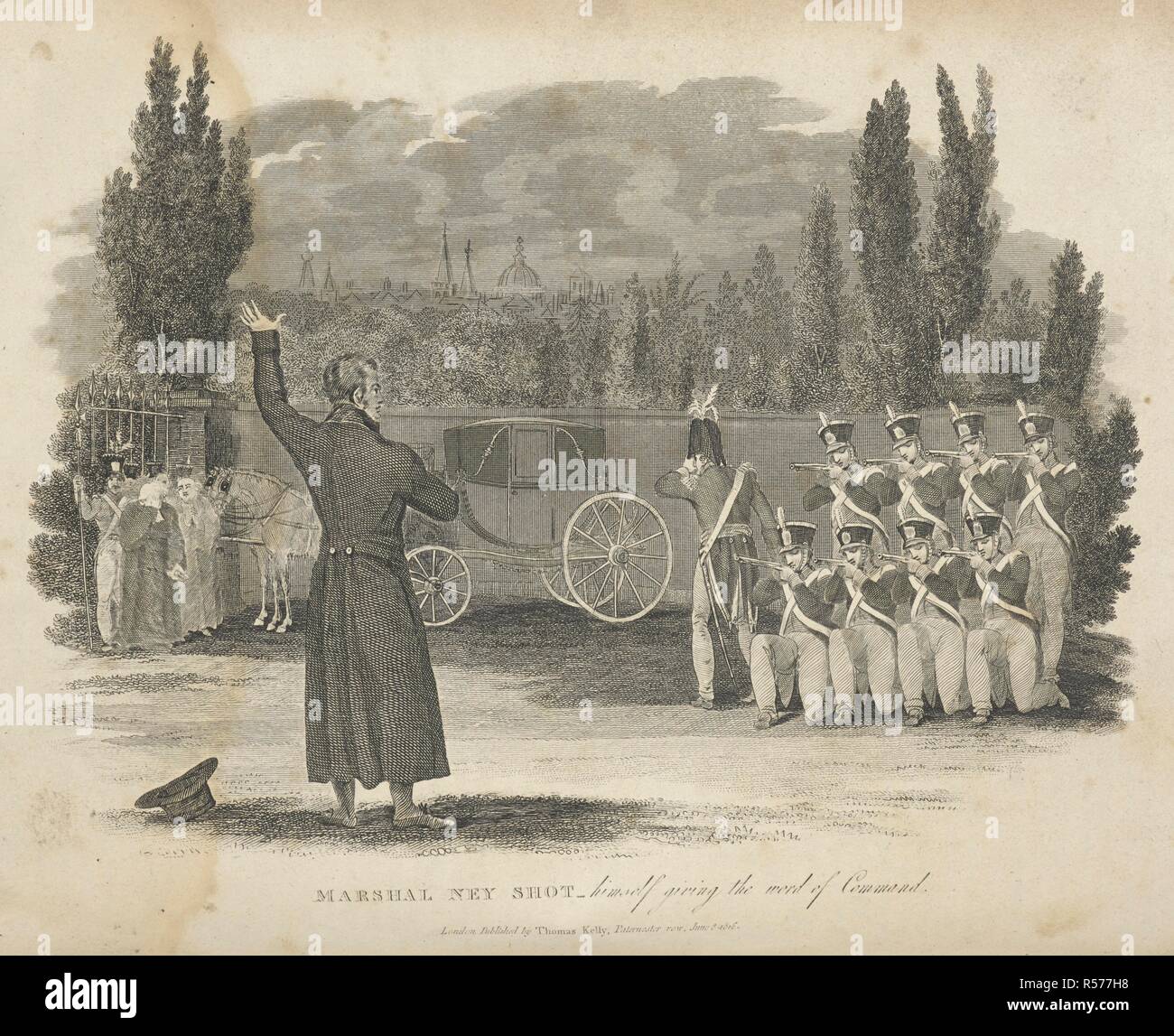 Marschall Ney von erschießungskommando hingerichtet. Marschall Ney (1769-1815), französischer General. Nach dem Kampf für Napoleon in der Schlacht von Waterloo wurde er wegen Hochverrats verurteilten und von Exekutionskommando erschossen. Geschichte der Französischen Revolution, und der Kriege, die von diesem Ereignis produziert... T. Kelly: London, 1820-22. Quelle: 9525.f 1 Band 2, gegenüber 236. Sprache: Englisch. Autor: Christopher Kelly. Stockfoto