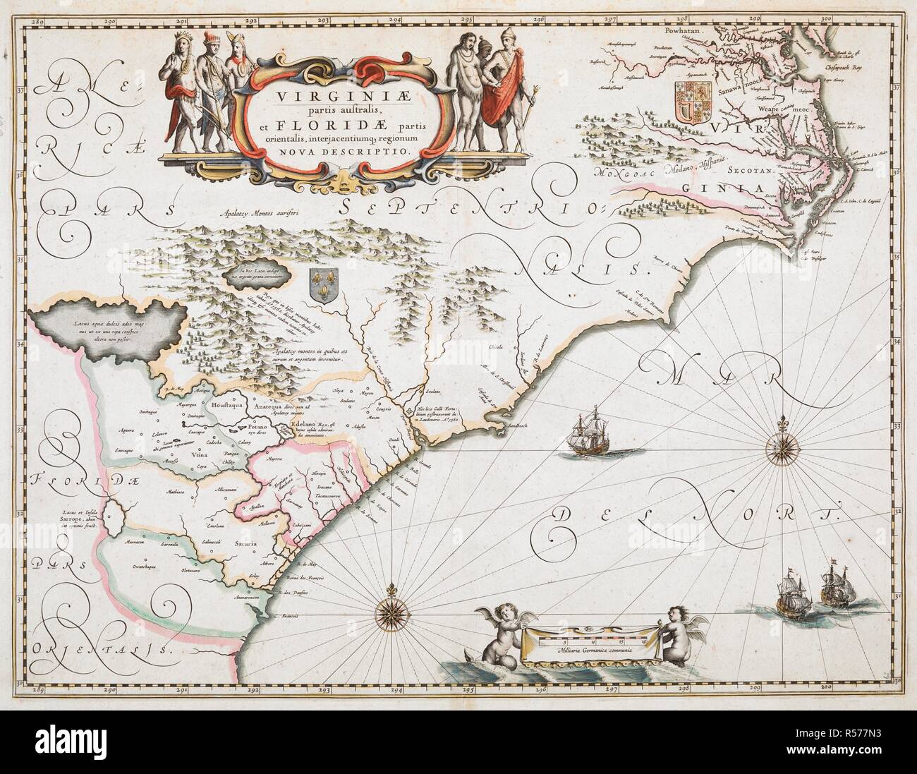 Eine Karte der Teil der südlichen Virginia und Florida. VIRGINIÃ † partis Australis, et FLORIDÃ † partis orientalis, interjacentiumâ ' ƒ regionum, NOVA DESCRIPTIO. [Amsterdam]: [Willem Janszoon Blaeu], [zwischen 1640 und 1708.]. Kupferstich, von Hand gefärbt. Quelle: Karten K. Top. 122.45.2. Sprache: Latein. Stockfoto