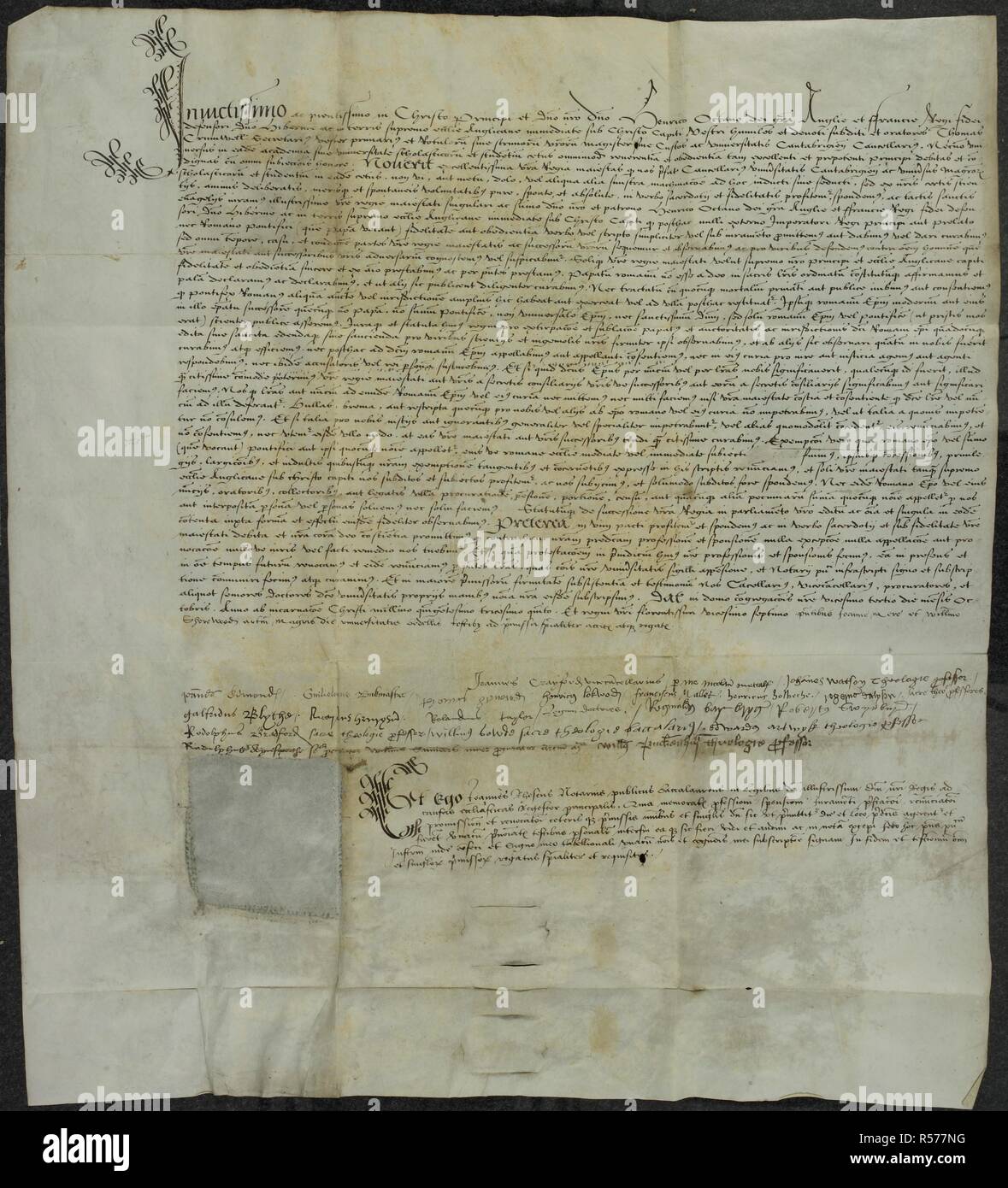 Ein Schreiben der Erkenntnis Henry VIII. als Oberhaupt der Kirche von England; 23. Okt. 1535. Lat. Mit Signatur. . Briefe von Thomas Cromwell, Kanzler, und der Universität von Cambridge, Anerkennung von Heinrich VIII. als Oberhaupt der Kirche von England; 23. Okt. 1535. Lat. Mit Signatur. 23. Oktober 1535. Quelle: Ch.2700032. Stockfoto