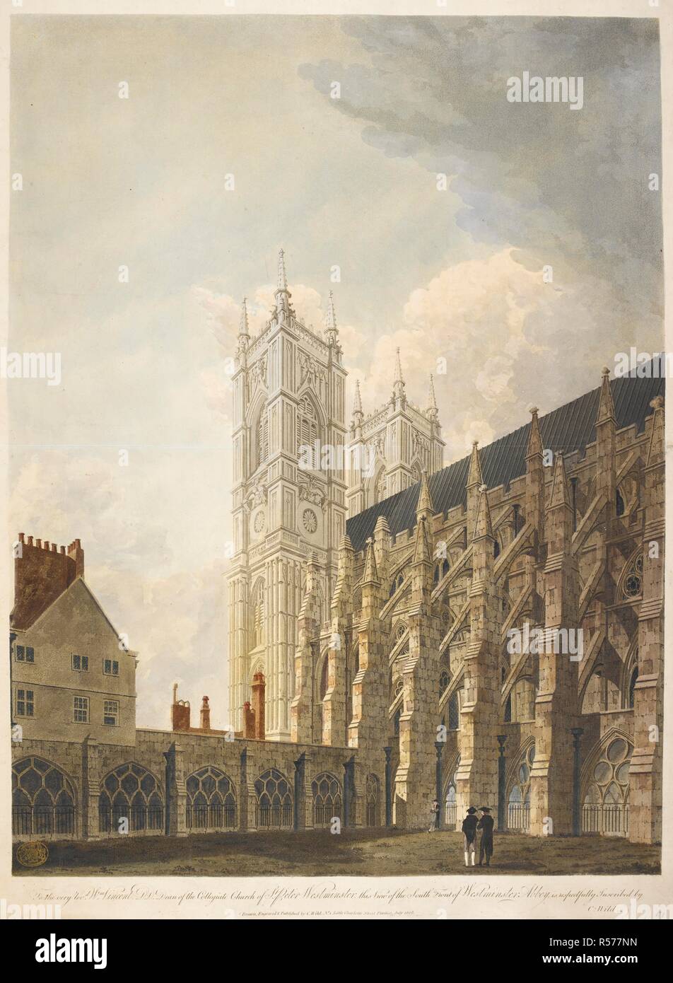 Blick auf die Südseite der Westminster Abbey; Strebebögen Stretching nach rechts; zwei Türme des Westens vorne in der Mitte sichtbar; drei Gelehrten in der Ecke einen Innenhof im Vordergrund stehen. Die sehr Pfr. Vincent DL. Dekan der Stiftskirche St. Peter, Westminster: diese Ansicht der Südseite der Westminster Abbey ist respektvoll von C.Wild eingeschrieben. [London]: Gezeichnet, graviert und von C. Wild, Nr. 1 kleine Charlotte Street, Pimlico, Juli 1805 veröffentlicht. Aquatinta und Ätzen mit hand-Färbung. Quelle: Karten K. Top. 24.4. n. Sprache: Englisch. Stockfoto