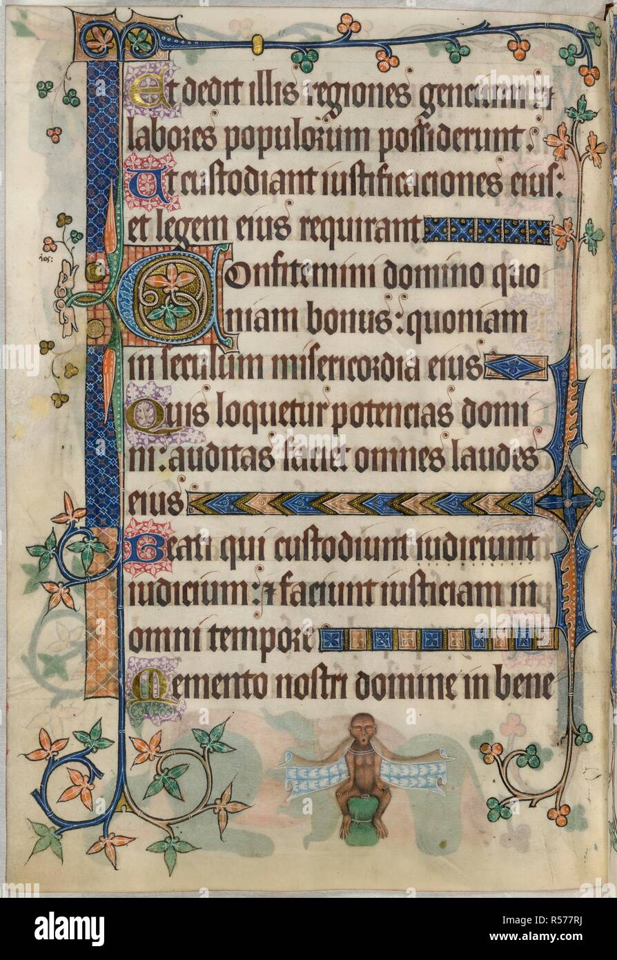 Psalm 105; Affe. Luttrell Psalter. England [East Anglia]; ca. 1325-1335. [Ganze folio] Ende von Psalm 104. Psalm 105 beginnt mit verzierten erste 'C'. Grenze Dekoration; im unteren Rand, ein Affe, trug den Hermelin gesäumten Umhang, auf grünem Kissen Bild von Luttrell Psalter genommen sitzt. Ursprünglich veröffentlicht in England [East Anglia] hergestellt; ca. 1325-1335. . Quelle: Hinzufügen. 42130, f 189 v. Sprache: Latein. Stockfoto