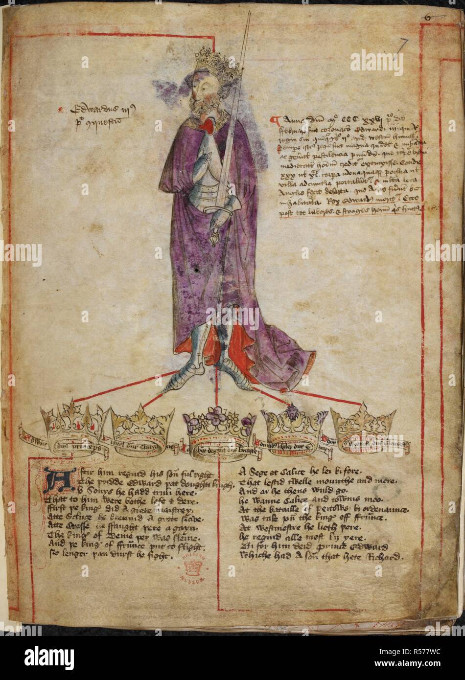 Zeichnung von Edward III, mit kurzen Konto seiner Herrschaft, und Leitungen vom rses haben auf die Könige von England von William ich an Henry VI'. England; nach 1431. Quelle: Baumwolle Julius E.IV, F, 7. Sprache: Latein und Englisch. Stockfoto