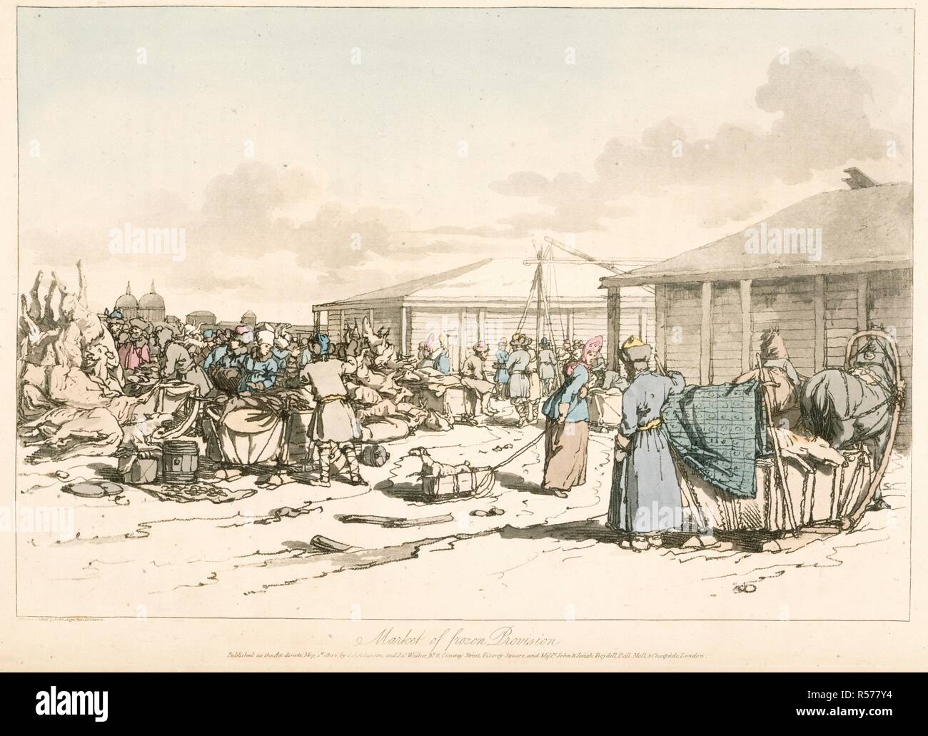 Markt für gefrorene Bestimmungen. Russen in einem Markt. Eine malerische Darstellung der Sitten, Gebräuche und Vergnügungen der Russen, in Hundert farbige Platten; mit einer genauen Erläuterung der einzelnen Platte, in Englisch und Französisch. James Carpenter & Joseph Booker: London, 1812. Quelle: 150 k., 17,. Sprache: Englisch und Französisch. Autor: Atkinson, J. A. Atkinson J. A. Walker, J. Stockfoto