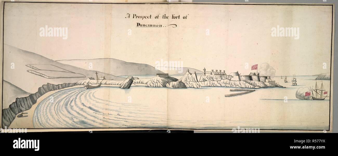 Die Schiffe auf dem Wasser; das Fort von Duncannon erstreckt sich über den mittleren Boden; Felsen und das Ufer auf der linken Seite; die Hügel in der Ferne. Die Aussicht auf das Fort von duncannon. c. 1690. Quelle: Karten K. Top. 55.42. Ein. Sprache: Englisch. Stockfoto