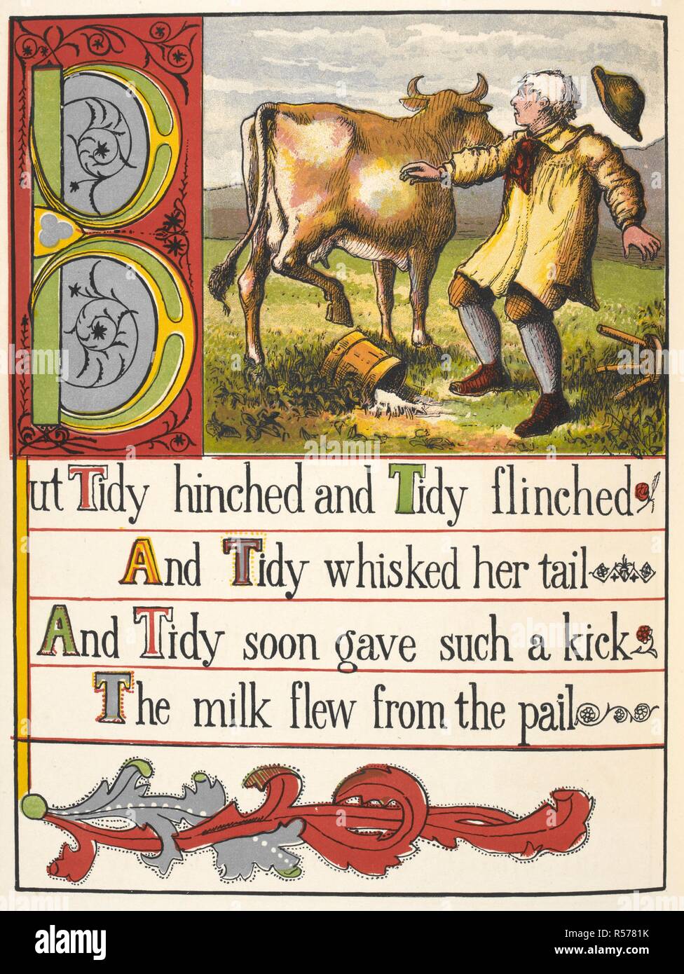 Ein Bauer und eine Kuh, die sich über einen Eimer Milch tritt. Ein Kinderlied. Der alte Mann in den Wald. London: Frederick Warne & Co., [1877] Camden drücken. Quelle: 12805.l. 45. (11) Platte 5. Stockfoto