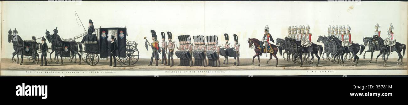 Der Trauerzug. Die Pall-Träger, 8 Offiziere, 2 Wagen. Trommler der Grenadier Guards. Rettungsschwimmer. Der Trauerzug. [Sic] von Arthur Herzog von Wellington. London: 1. März 1853 veröffentlicht. Durch Ackermann & Co., [1853]. Quelle: H. S. 74/1739, 22. Sprache: Englisch. Autor: ALKEN, Henry. Stockfoto