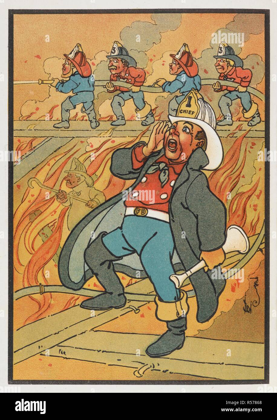 Ein amerikanischer Feuerwehrmann. Eine farbige Illustration für ein Kinderbuch. Wenn ich erwachsen bin. [Mit Illustrationen des Autors.]. New York: Century Co., 1909. Quelle: 1280.y.21. Autor: Leason, Percy Alexander. Stockfoto