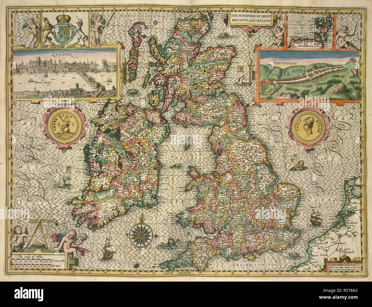 Eine Karte von Großbritannien und Irland. Die Dawn of England. Von Christopher Saxton, von John Geschwindigkeit augmented beschrieben... Jodocus Hondius Flander caelavit... 1610. (Ein Katalog, der alle die Shires, Städte, Bishoprickes, Market-Townes, Burgen, Pfarreien, Flüsse, Brücken, Verfolgungsjagden, Wälder und Parkes... von England.) Die Skala von Meilen, 50 [= 58 mm.]. [Von männlichen und weiblichen Figuren tragen die Trachten der verschiedenen Klassen der Gesellschaft] umgeben. London: John Sudbury & George demütig, 1611. Quelle: Karten C.7. C.20. (2.). Stockfoto