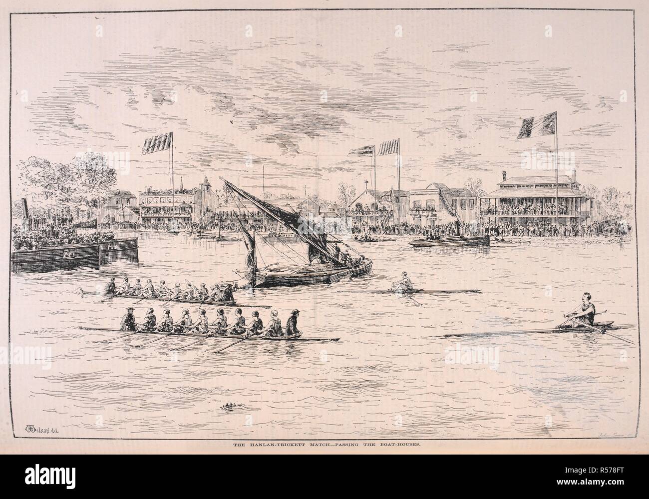 "Die Hanlan-Trickett übereinstimmen - vorbei an der Boot Häuser." Edward Hanlan, Kanada, besiegte Edward Trickett, Australien, in der Welt professionelle Sculling Meisterschaften. . Die gezeigten Sportlichen und dramatische Nachrichten. London, 1882. Quelle: Der illustrierte Sporting und dramatische Nachrichten. 6. Mai 1882. Stockfoto