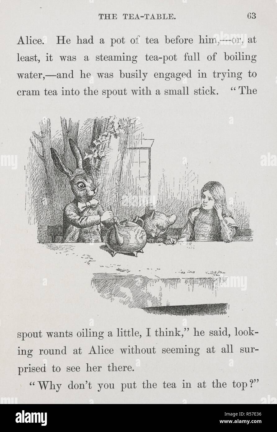 Der march hare, Siebenschläfer und Alice, sitzen an einem Tisch. Ein neues Alice im Wunderland [Alt eine Fortsetzung von "Alice im Wunderland" und â € das Looking Glass "' von Lewis Carroll. Das Vorwort unterzeichnet: A. M.R., Sr., d. h. Anna M. Richards senior?] mit 67 Illustrationen von Anna M. Richards, jr. Philadelphia: J. B. Lippincott Co., 1895. Quelle: 012807. k.32 auf Seite 63. Stockfoto