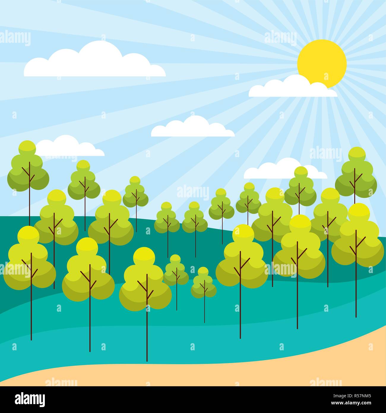 Wald Bäume Natur Pflanzen sonnige Landschaft Vector Illustration Stock Vektor