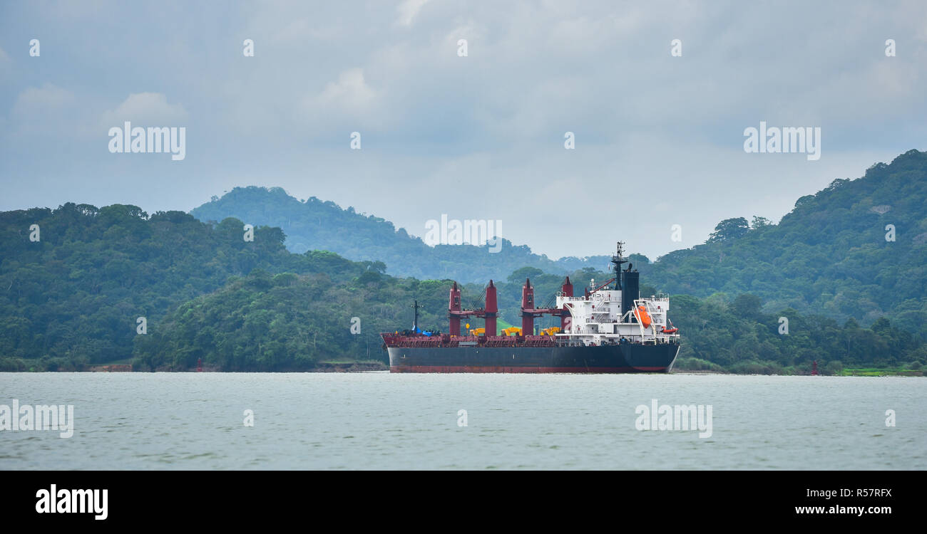 Ein großes Frachtschiff macht seinen Weg durch den Panamakanal Wasserstraßen, auf jeder Seite zwischen den Schleusen mit grünen Regenwald Dschungel flankiert wird. Stockfoto