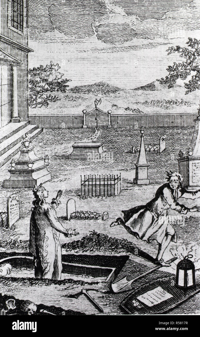 Friedhof Szene: Ein vorzeitig interred Person steht bis in die Schatulle nach einem Grab Räuber, die in panischer Angst flieht exhumiert werden. Stockfoto