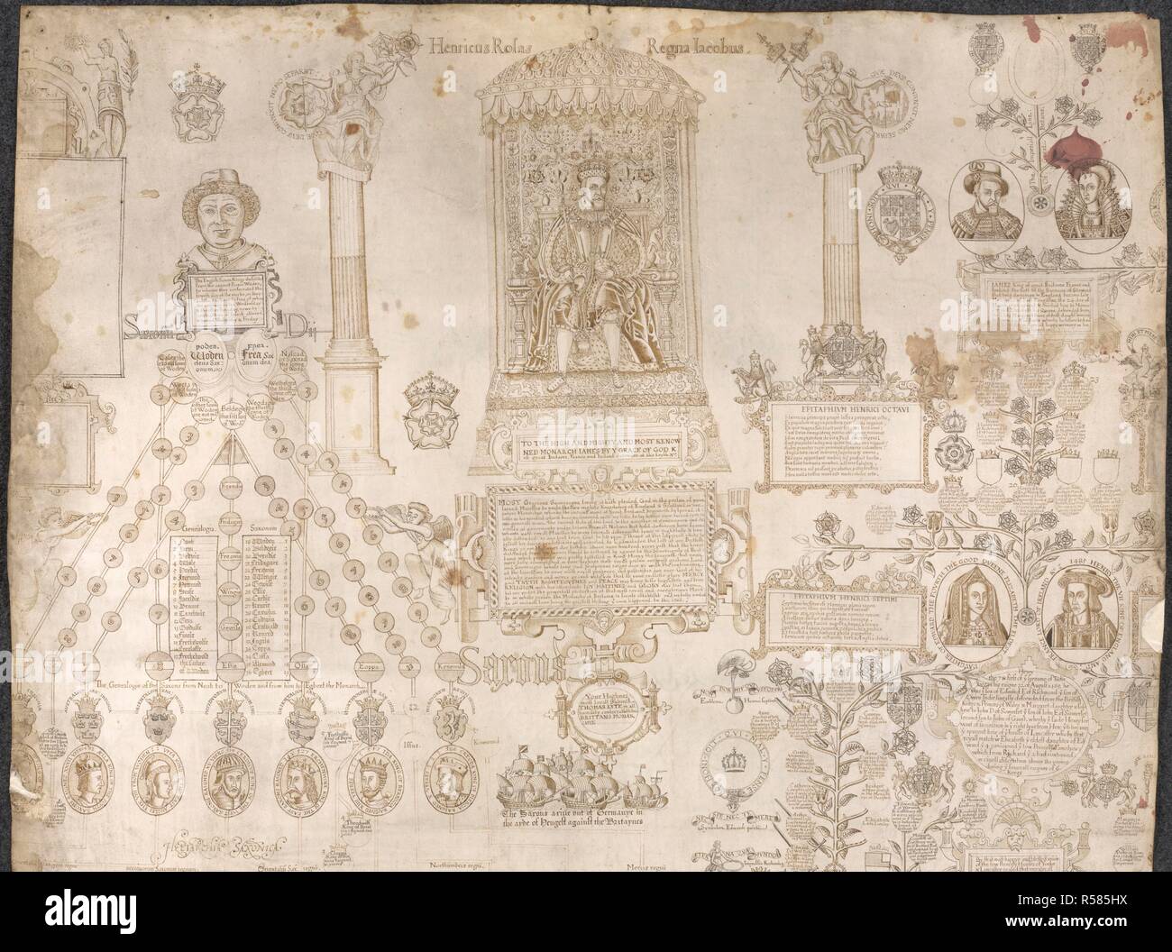 König James I thront. Lyte Stammbaum. England; circa 1605. [1.Teil des roll] Genealogische roll